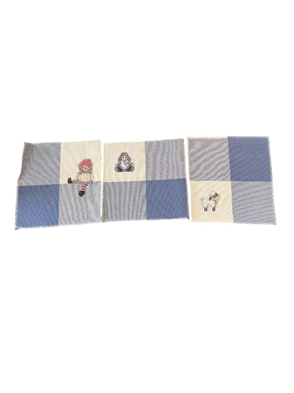 Vintage Cross Stitch Blue White Squares Sheep Doll Raggedy Anne